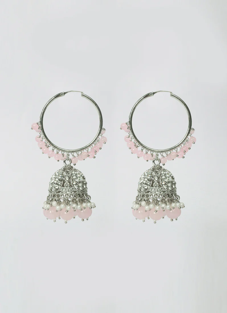 Women’s Light Pink Pearl Beaded Earrings & Tikka Set - Image 3