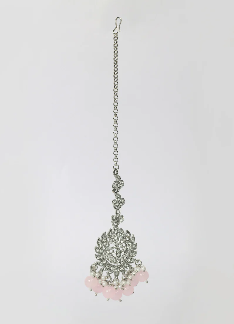 Women’s Light Pink Pearl Beaded Earrings & Tikka Set - Image 4