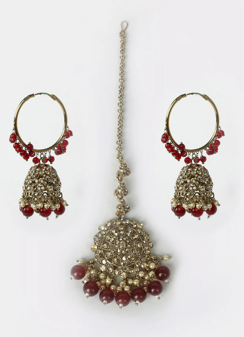 Womens Maroon Beaded Earrings & Tikka Set - Image 2