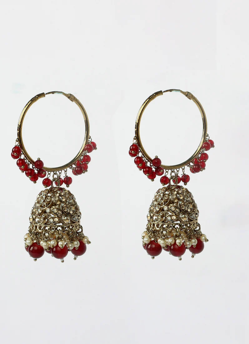 Womens Maroon Beaded Earrings & Tikka Set - Image 3