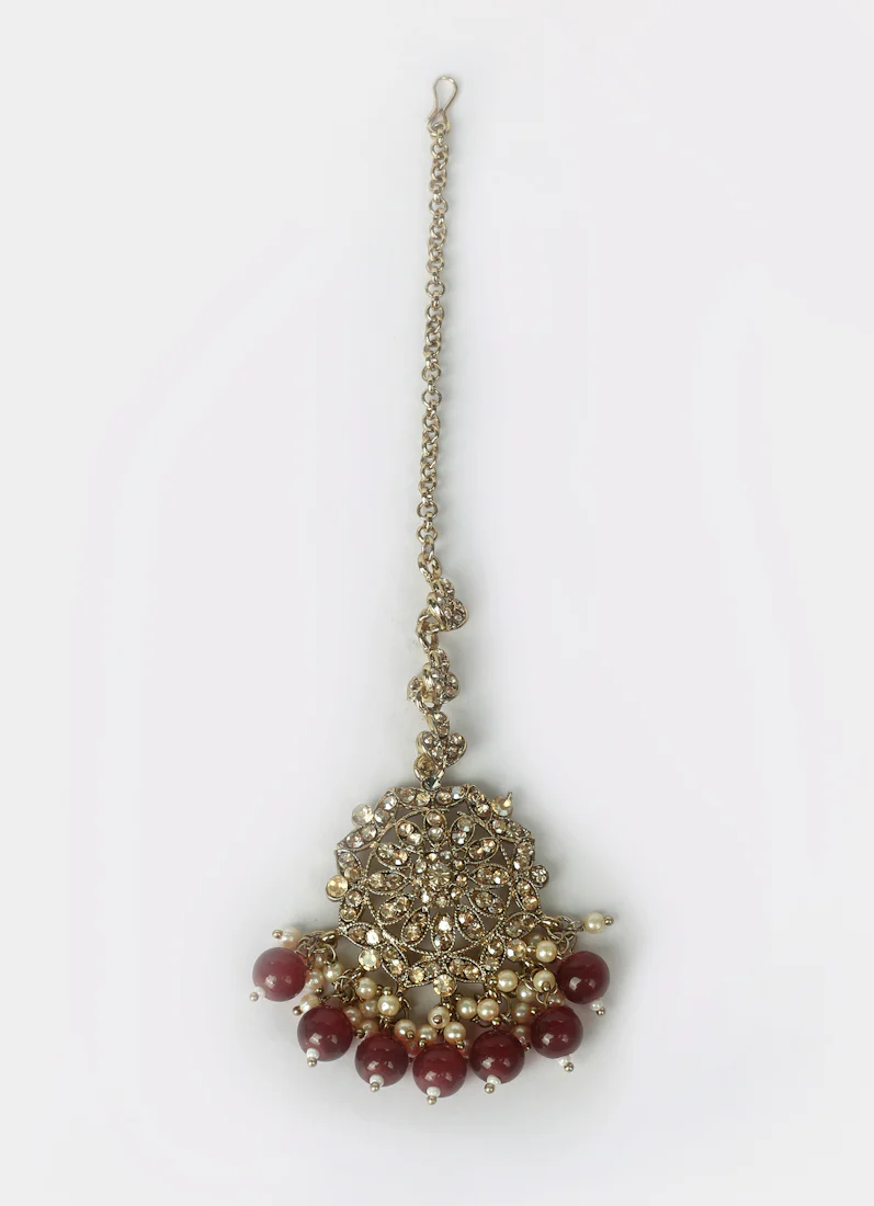 Womens Maroon Beaded Earrings & Tikka Set - Image 4