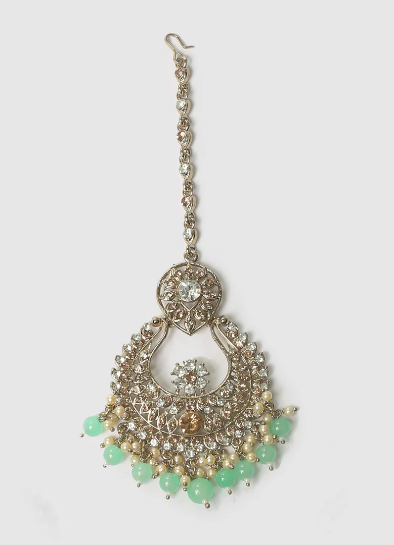 Women’s Mint Green Chandbali Earrings with Tikka - Image 3