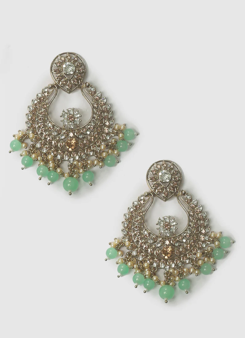 Women’s Mint Green Chandbali Earrings with Tikka - Image 4