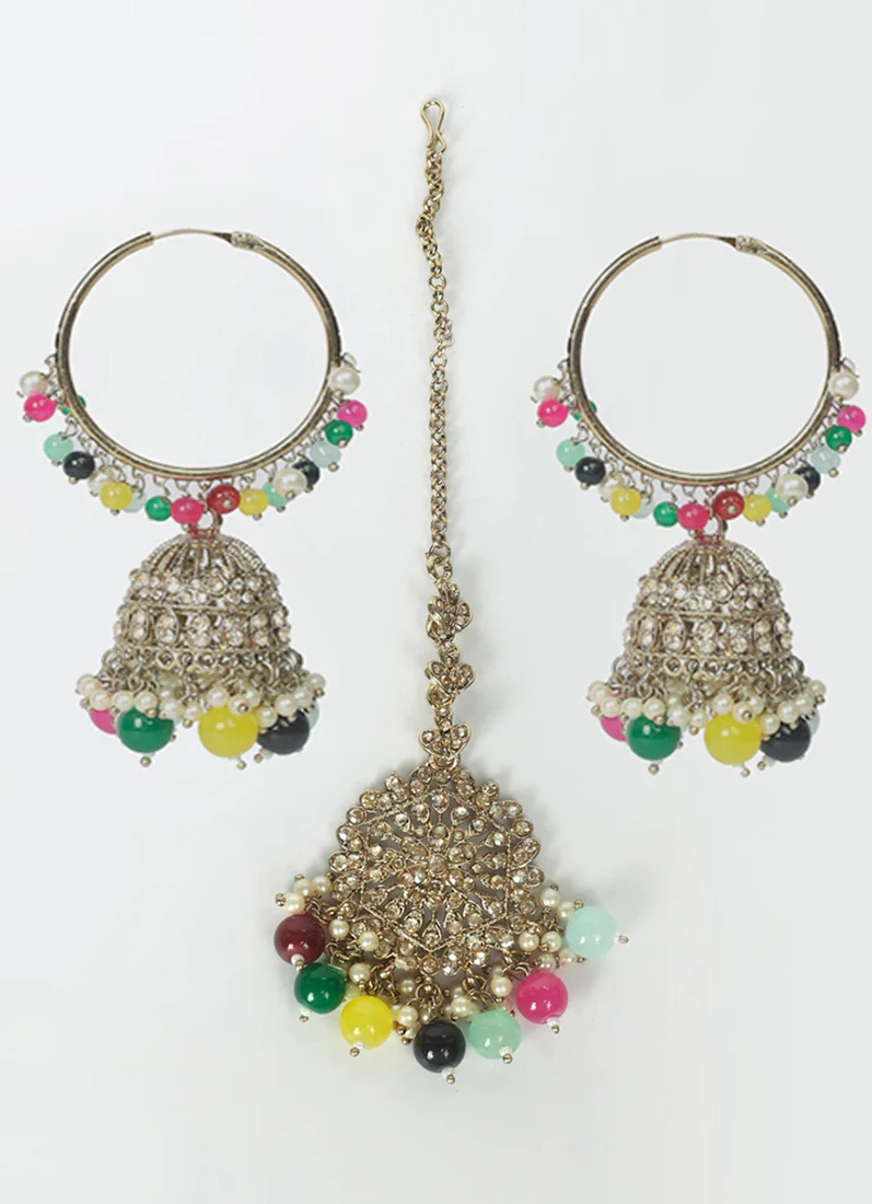Women’s Multi-Color Bali Earrings & Tikka Set - Image 2