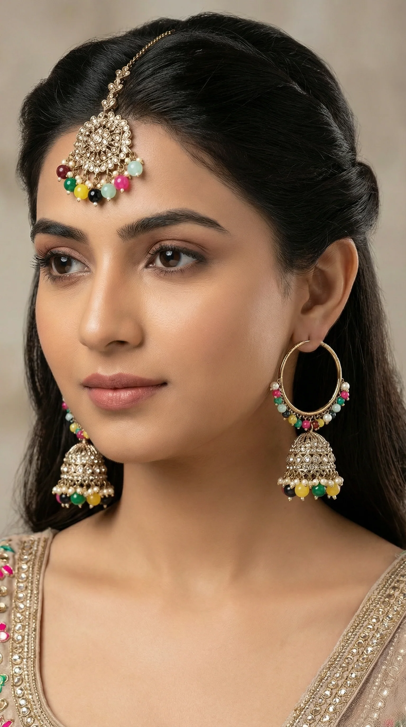 Women’s Multi-Color Bali Earrings & Tikka Set - Image 5