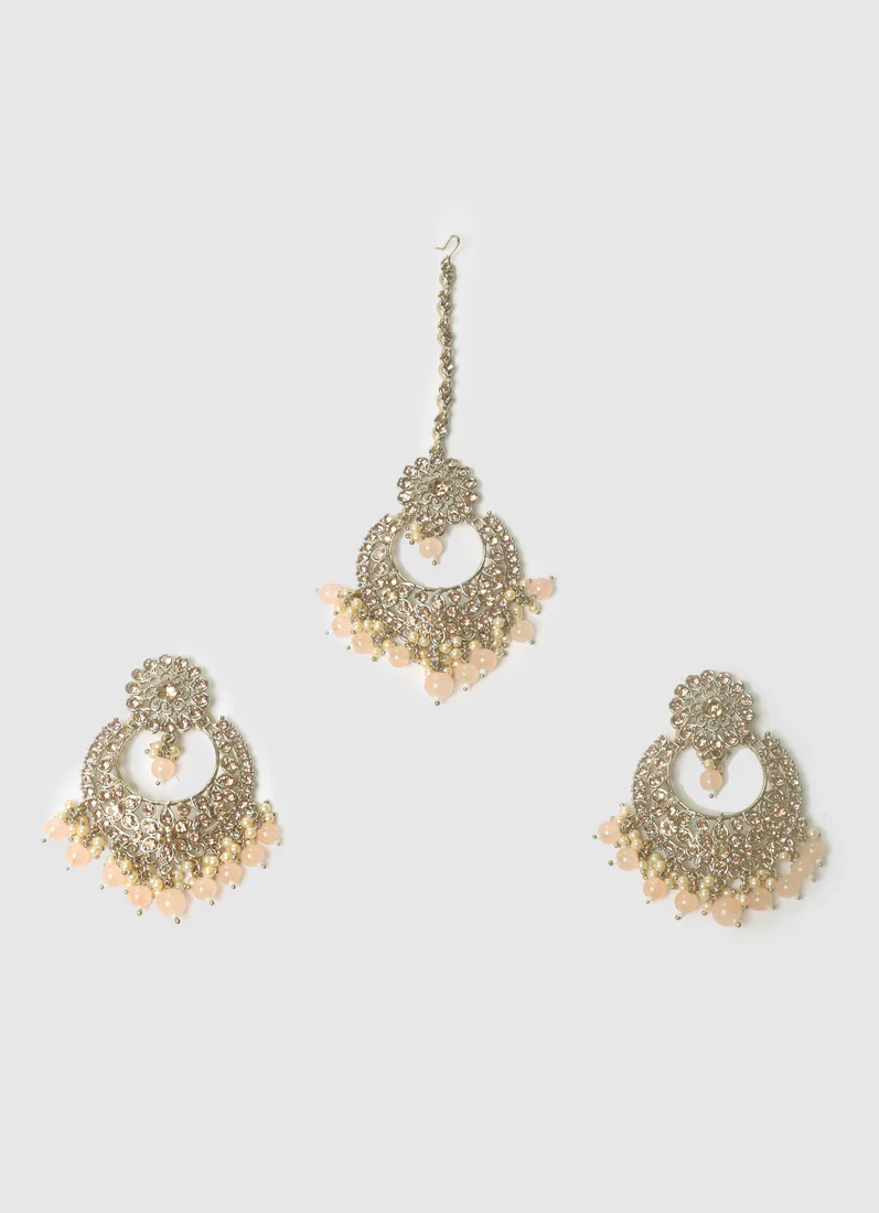 Women’s Peach Beads Chandbali Style Earrings & Tikka Set - Image 2