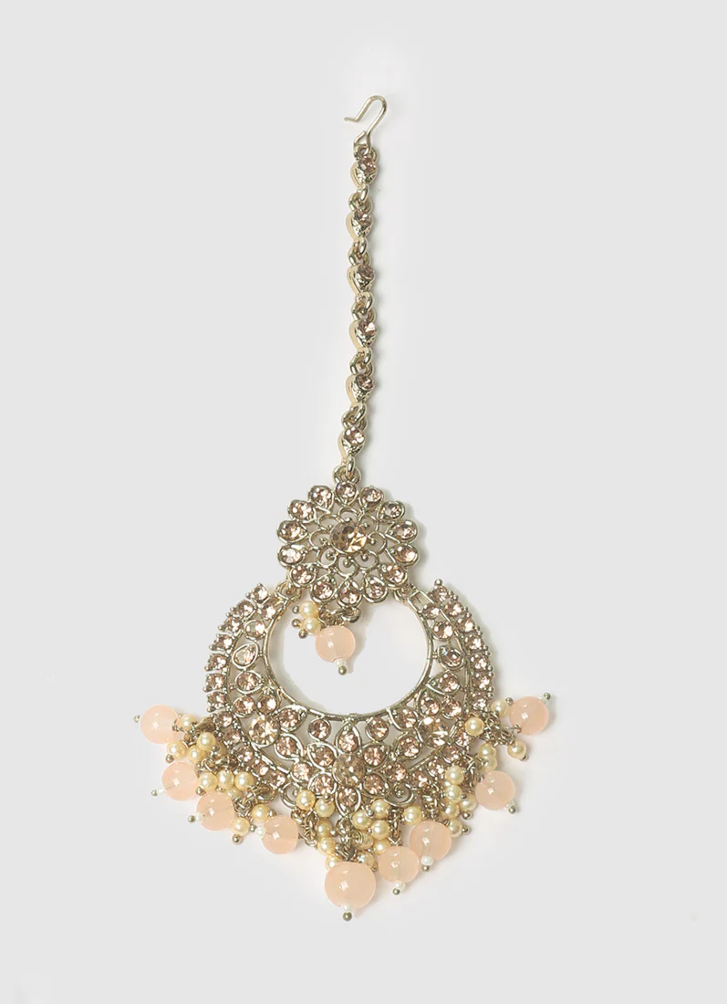 Women’s Peach Beads Chandbali Style Earrings & Tikka Set - Image 3