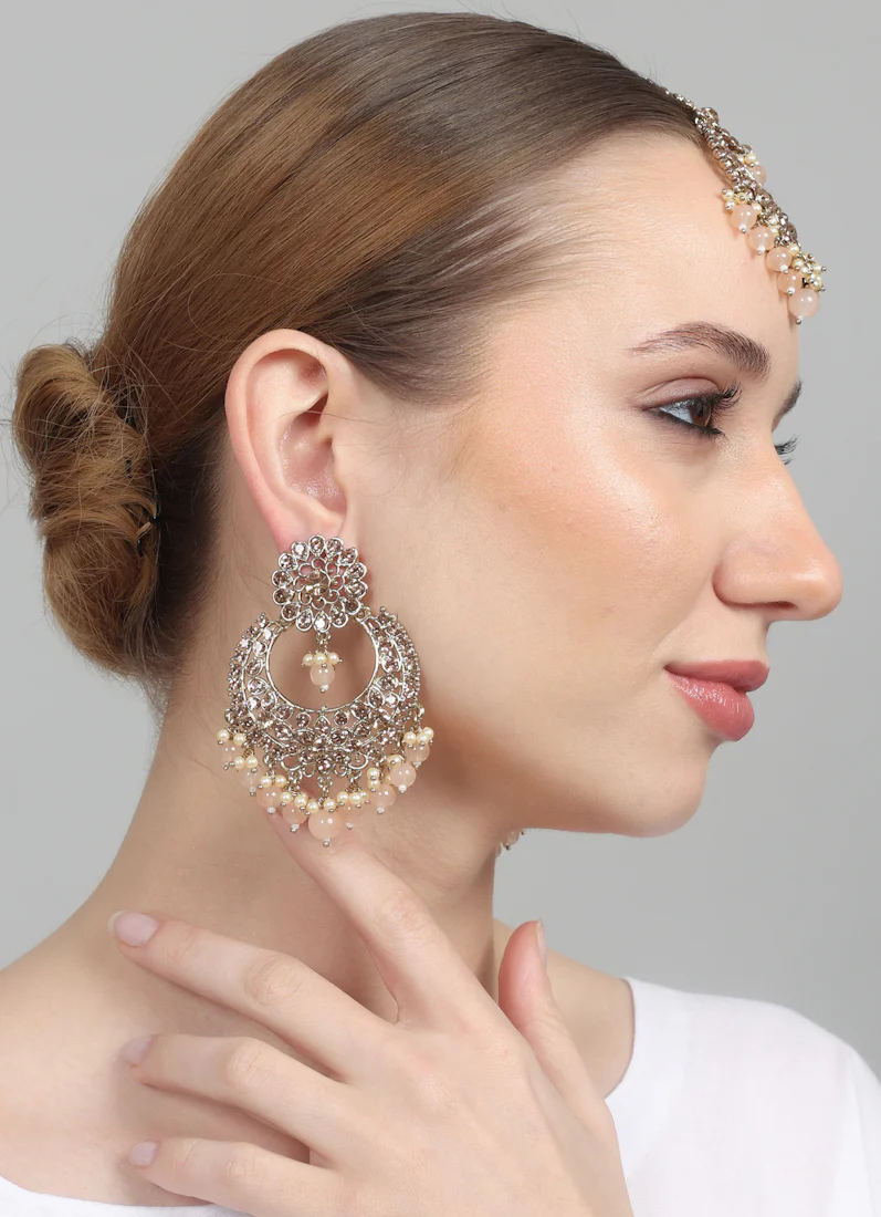 Women’s Peach Beads Chandbali Style Earrings & Tikka Set - Image 5