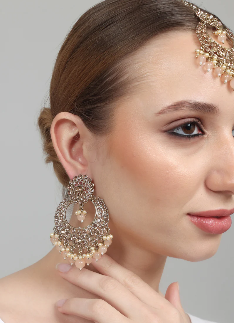 Women’s Peach Beads Chandbali Style Earrings & Tikka Set - Image 6