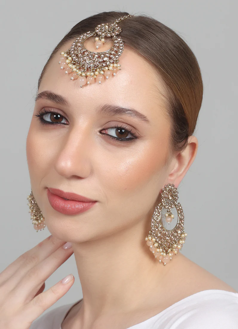 Women’s Peach Beads Chandbali Style Earrings & Tikka Set - Image 7