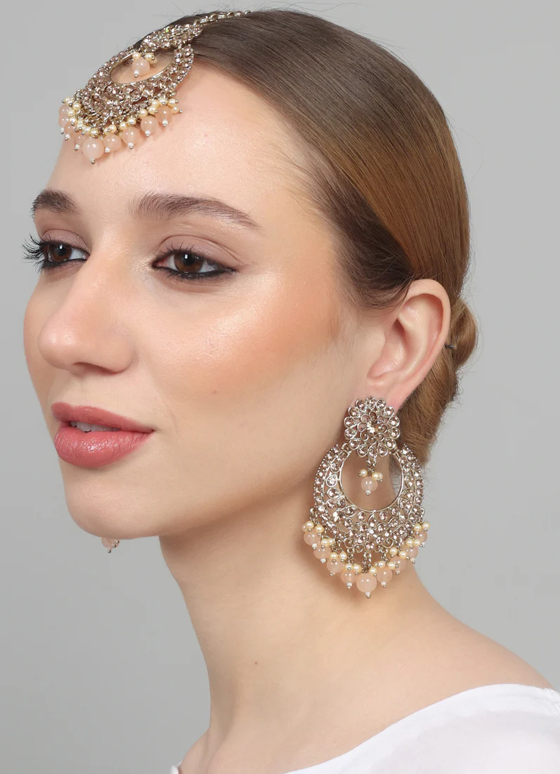 Women’s Peach Beads Chandbali Style Earrings & Tikka Set - Image 8