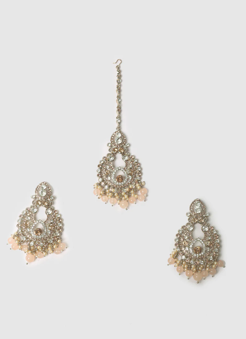 Women’s Peach Pearl Earrings & Tikka Set - Image 2