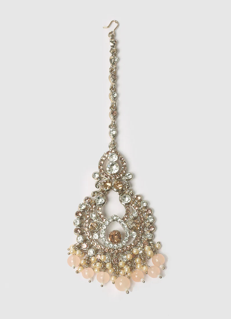 Women’s Peach Pearl Earrings & Tikka Set - Image 3