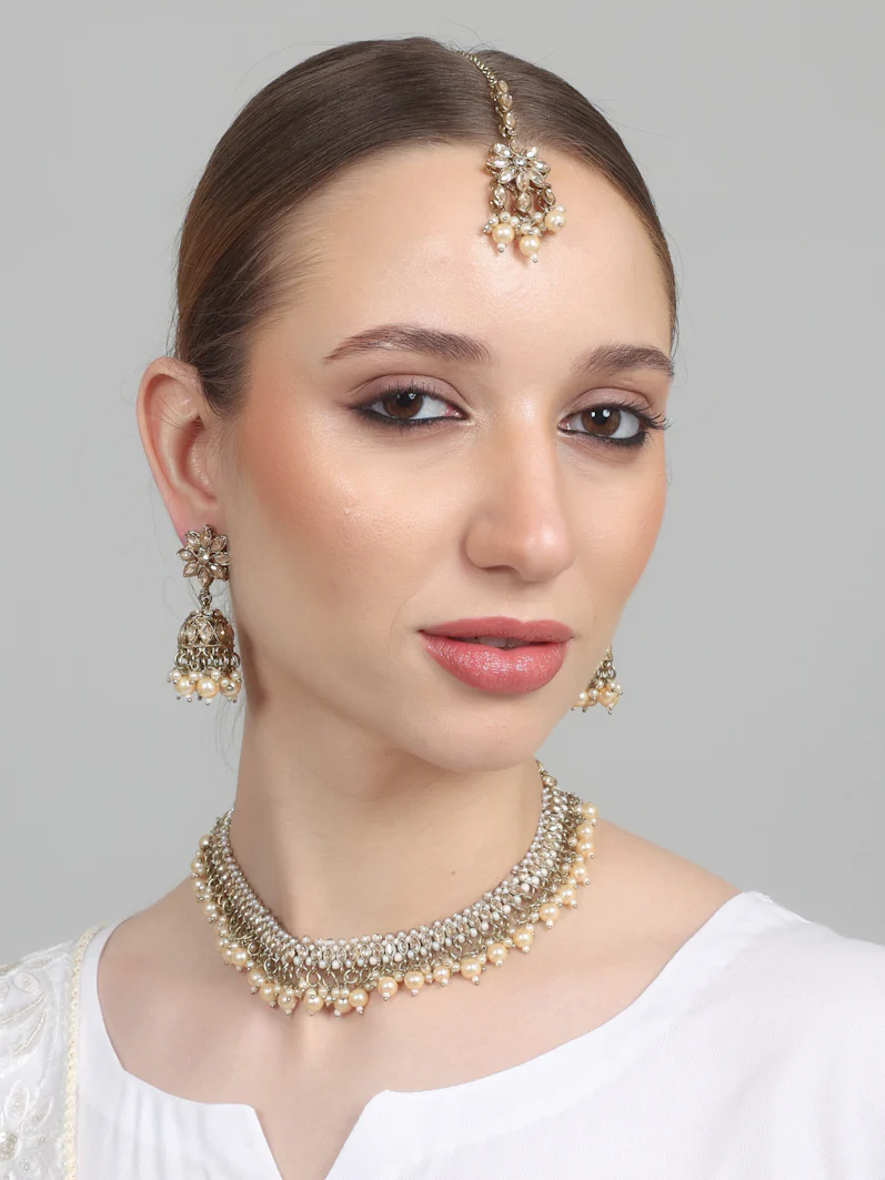 Womens Pearl White Drops & Antique Gold Jewellery Set - Image 2