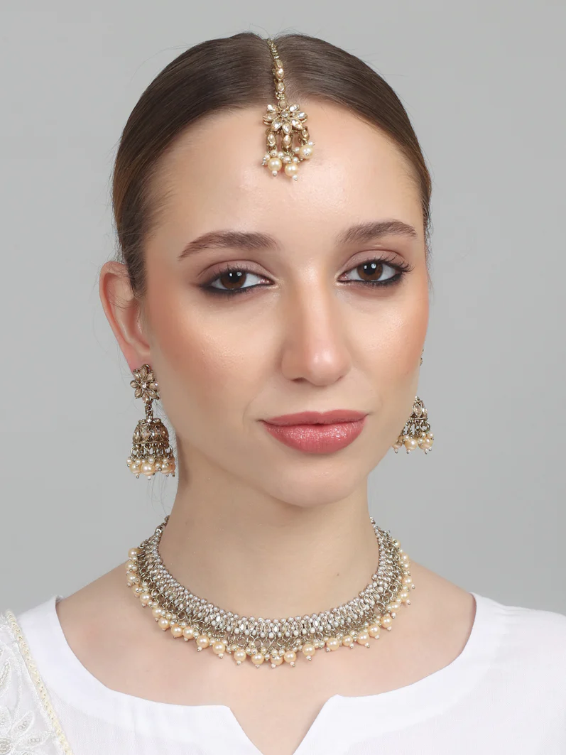 Womens Pearl White Drops & Antique Gold Jewellery Set - Image 3
