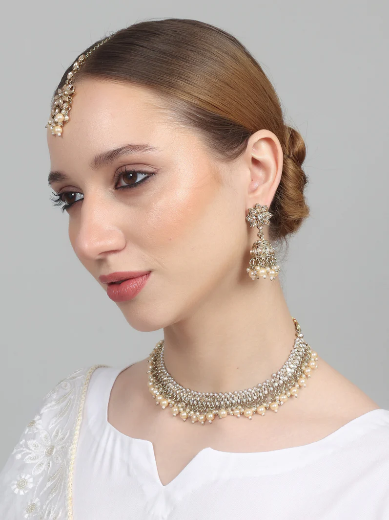 Womens Pearl White Drops & Antique Gold Jewellery Set - Image 4