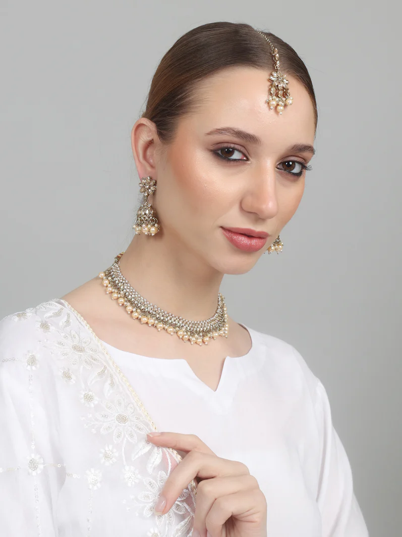 Womens Pearl White Drops & Antique Gold Jewellery Set - Image 5