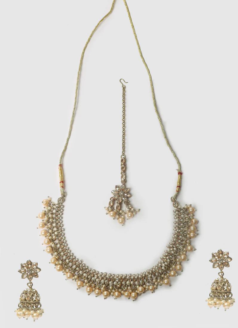Womens Pearl White Drops & Antique Gold Jewellery Set - Image 6