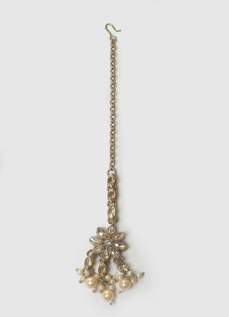Womens Pearl White Drops & Antique Gold Jewellery Set - Image 8