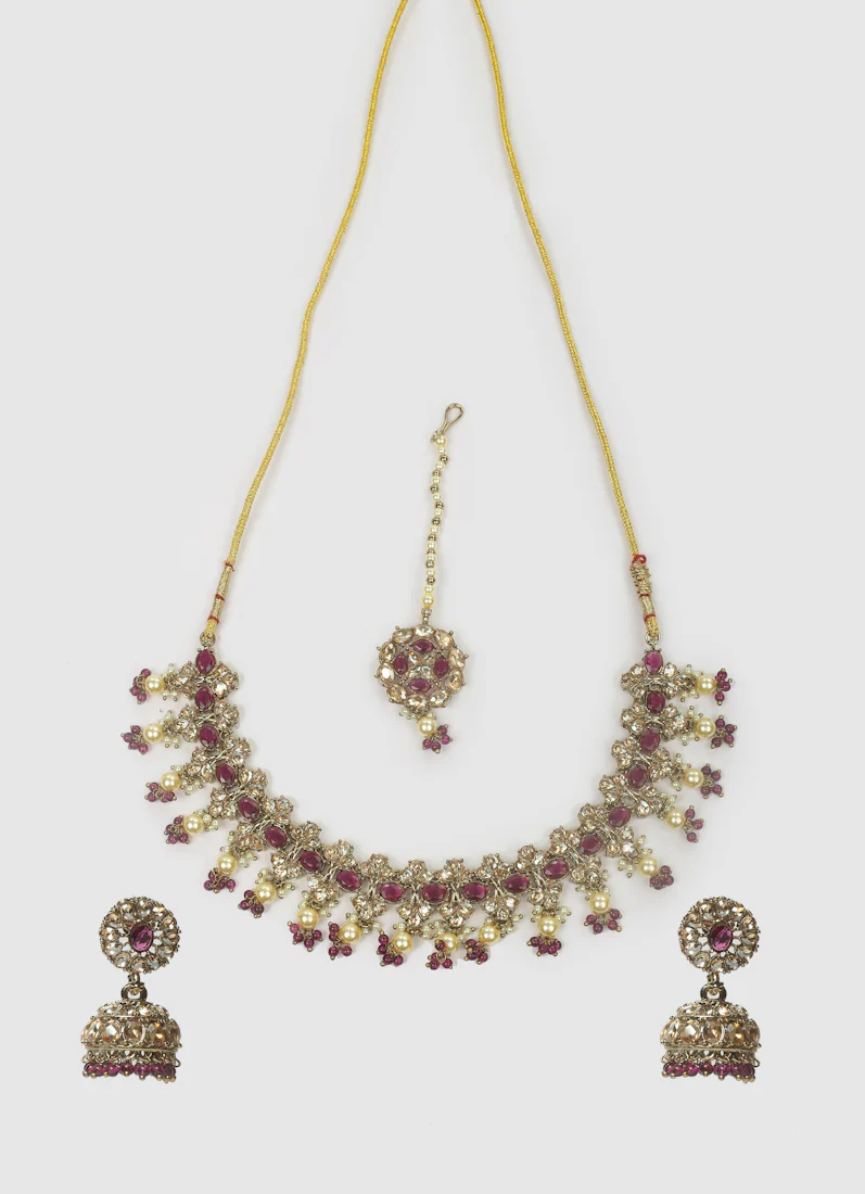 Women’s Antique Gold Latkan Style Purple Beads Jewellery Set - Image 2