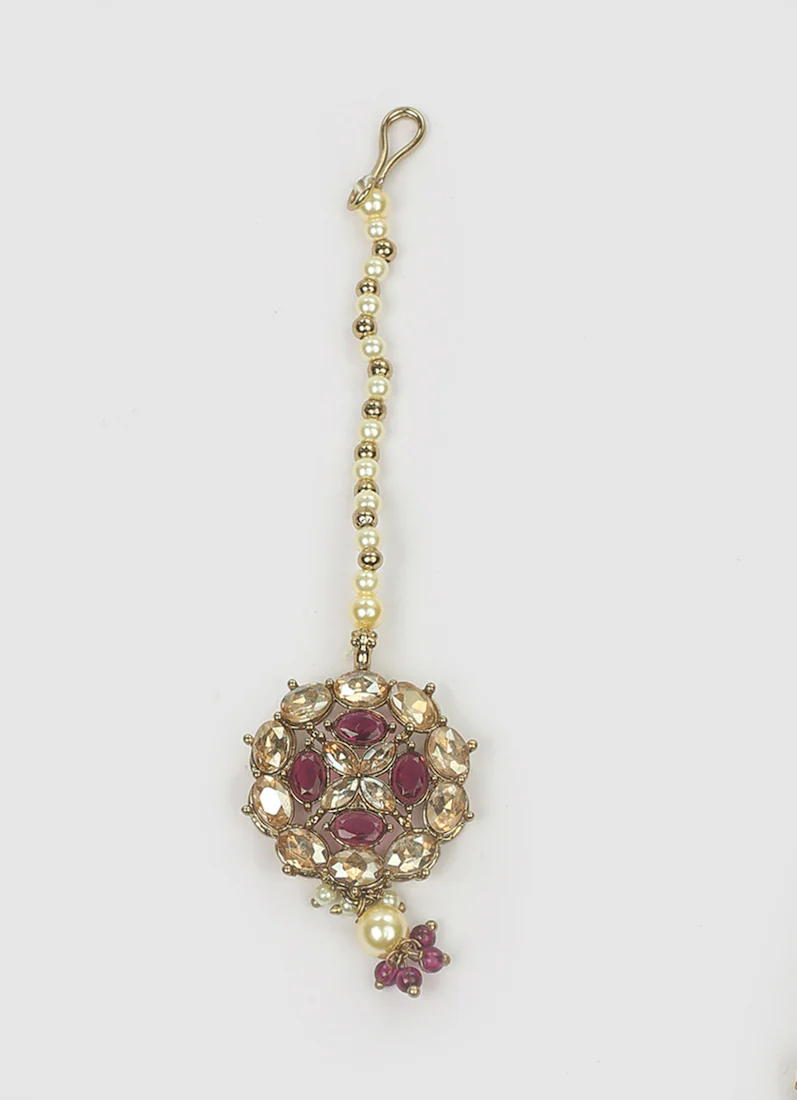 Women’s Antique Gold Latkan Style Purple Beads Jewellery Set - Image 5