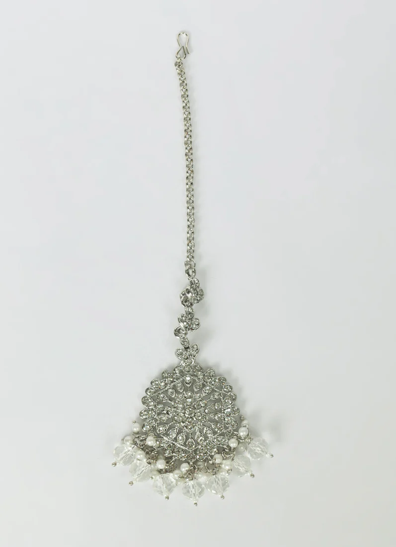 Women’s Silver Clear Crystal Earrings & Tikka Set - Image 4