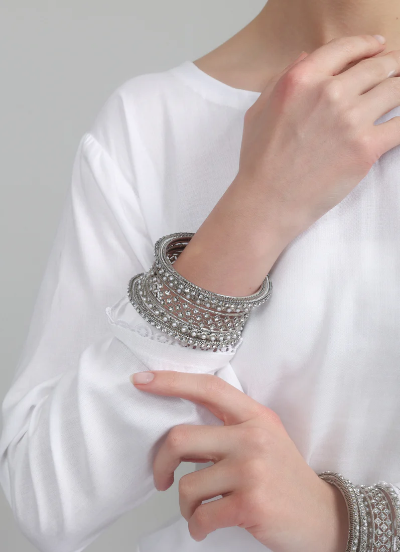 Womens Silver Multiple Kadha Mixed Bangle Set - Image 2