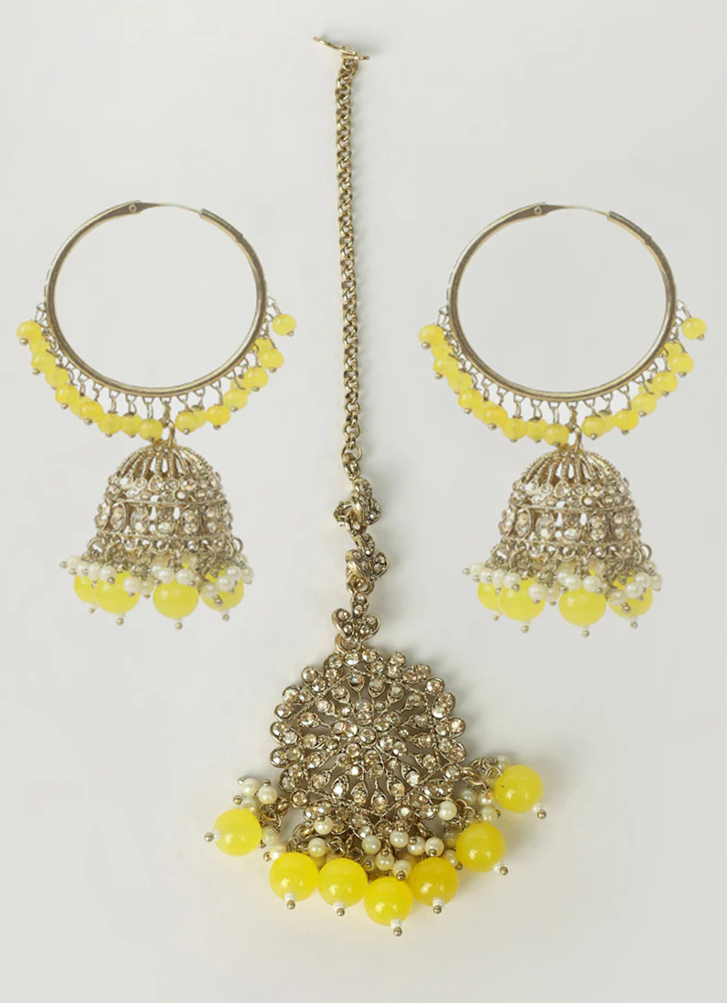 Womens Yellow Beaded Earrings & Tikka Set - Image 2