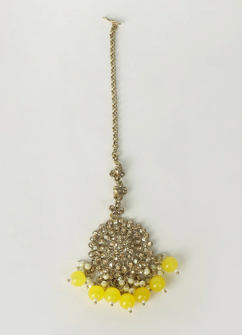 Womens Yellow Beaded Earrings & Tikka Set - Image 4