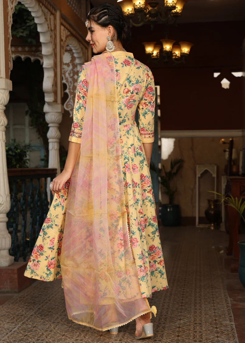 Yellow Cotton Bias Cut Suit Set - Image 3
