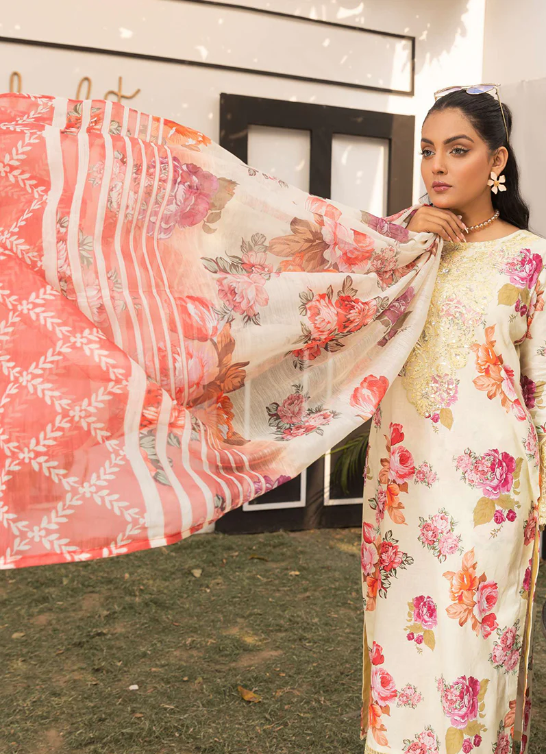 Yellow Printed Lawn Embroidered Suit Set - Image 3