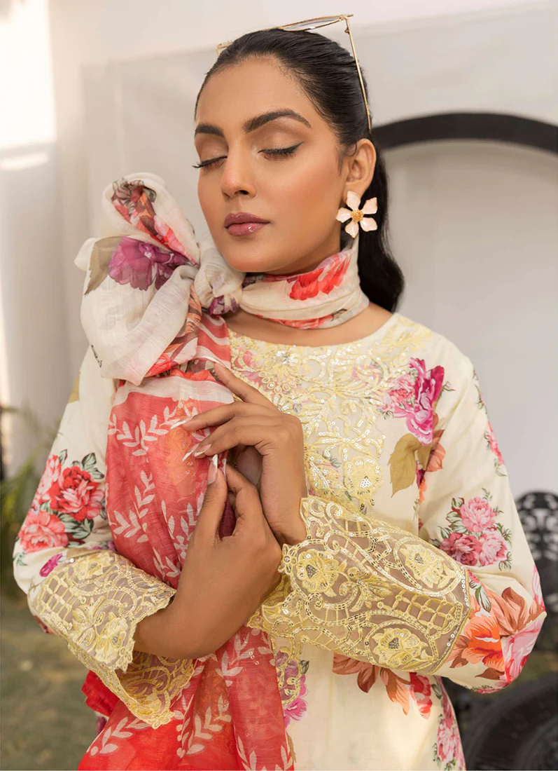 Yellow Printed Lawn Embroidered Suit Set - Image 4