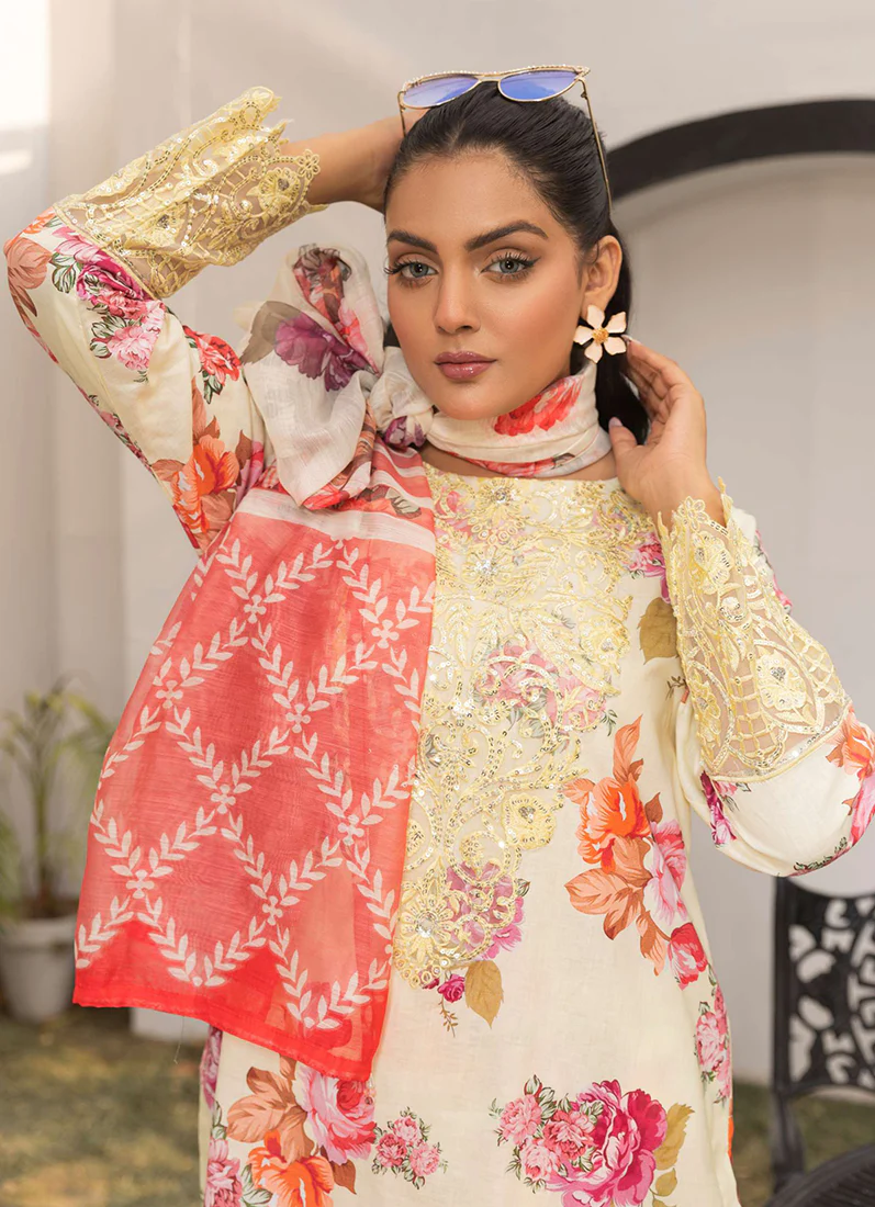Yellow Printed Lawn Embroidered Suit Set - Image 5